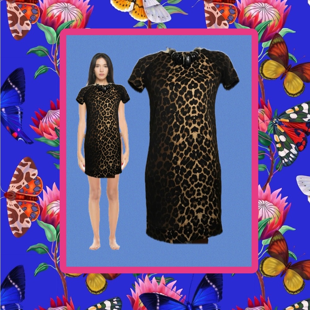Leopard Print Short Sleeve Scuba Mini T-Shirt Dress - Black & Brown NWT XL BAR 3